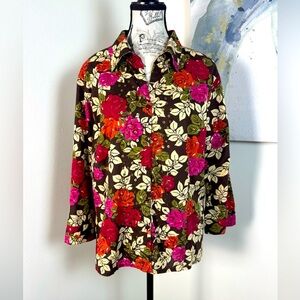 Erika Timeless Floral Button-Down Blouse - Vibrant Red, Pink, Green Size Large